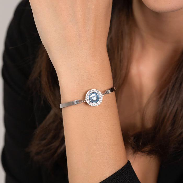 BRACELET FEMME EN ACIER AVEC ÉLÉMENT EN CRISTAL AIGUE-MARINE ET CRISTAUX BLANCS