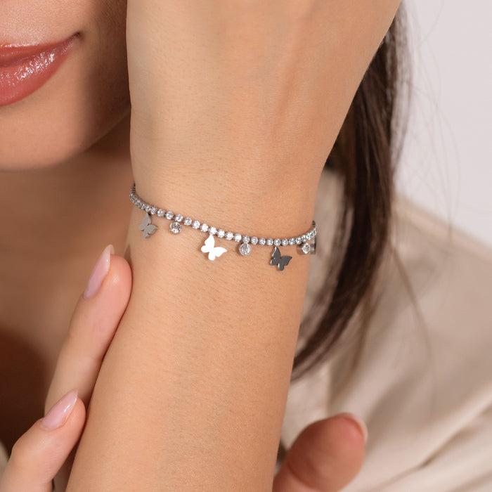 BRACELET DE TENNIS FEMME EN ACIER AVEC CRISTAUX BLANCS ET PAPILLONS