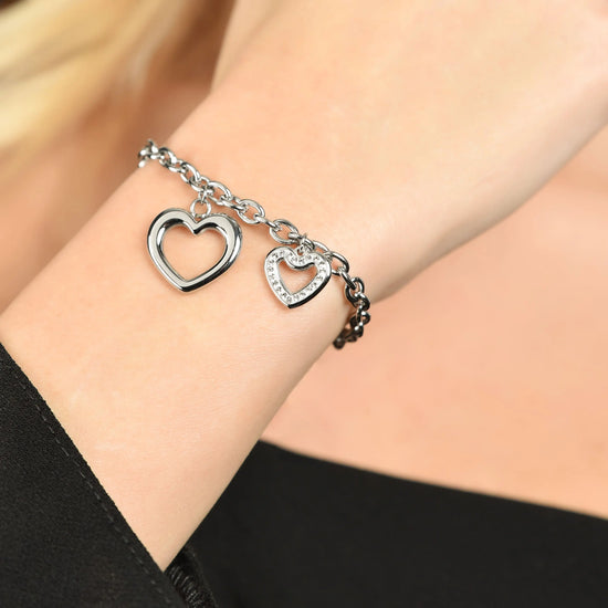 WOMEN'S STEEL BRACELET WITH HEARTS AND WHITE CRYSTALS