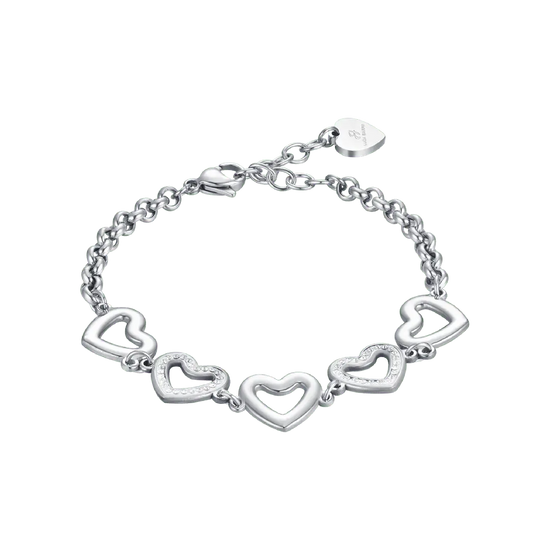 WOMEN'S STEEL BRACELET WITH OPENWORK HEARTS AND WHITE CRYSTALS