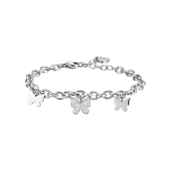 WOMEN'S STEEL BRACELET WITH BUTTERFLIES AND WHITE CRYSTALS