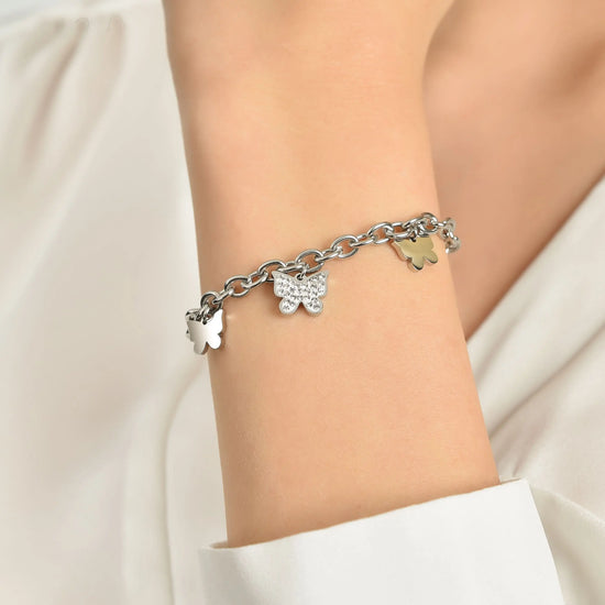WOMEN'S STEEL BRACELET WITH BUTTERFLIES AND WHITE CRYSTALS