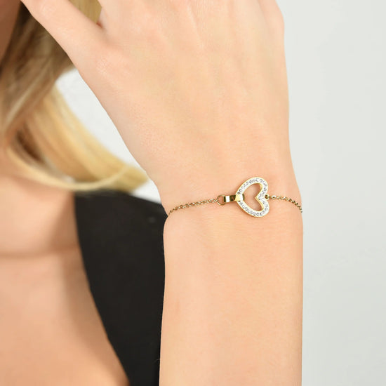 WOMEN'S BRACELET IN IP GOLD STEEL WITH HEART AND WHITE CRYSTALS AND ELEMENT