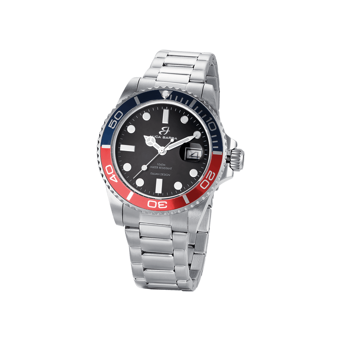 MONTRE HOMME AVEC BOÎTIER EN ACIER LUNETTE BLEUE ET ROUGE