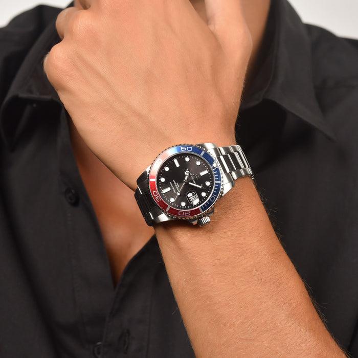 MONTRE HOMME AVEC BOÎTIER EN ACIER LUNETTE BLEUE ET ROUGE