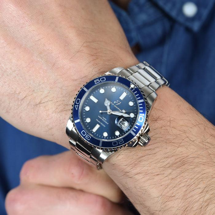 MONTRE HOMME AVEC BOÎTIER EN ACIER LUNETTE BLEUE