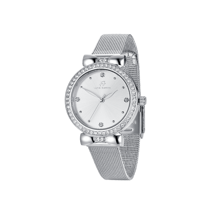 WOMEN'S WATCH WITH STEEL CASE, SILVER DIAL, BEZEL WITH WHITE CRYSTALS