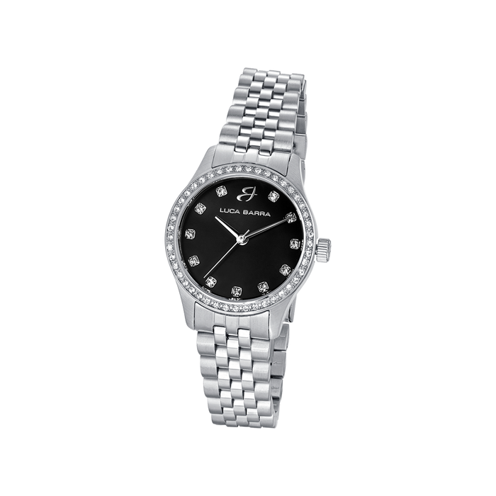WOMEN'S STEEL WATCH WITH BLACK DIAL AND WHITE CRYSTAL BEZEL