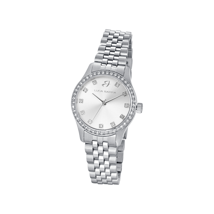MONTRE FEMME EN ACIER AVEC CADRAN ARGENTÉ ET LUNETTE EN CRISTAL BLANC