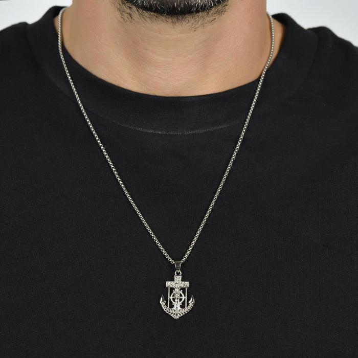 COLLIER EN ACIER POUR HOMME ANCRE AVEC CRUCIFIX