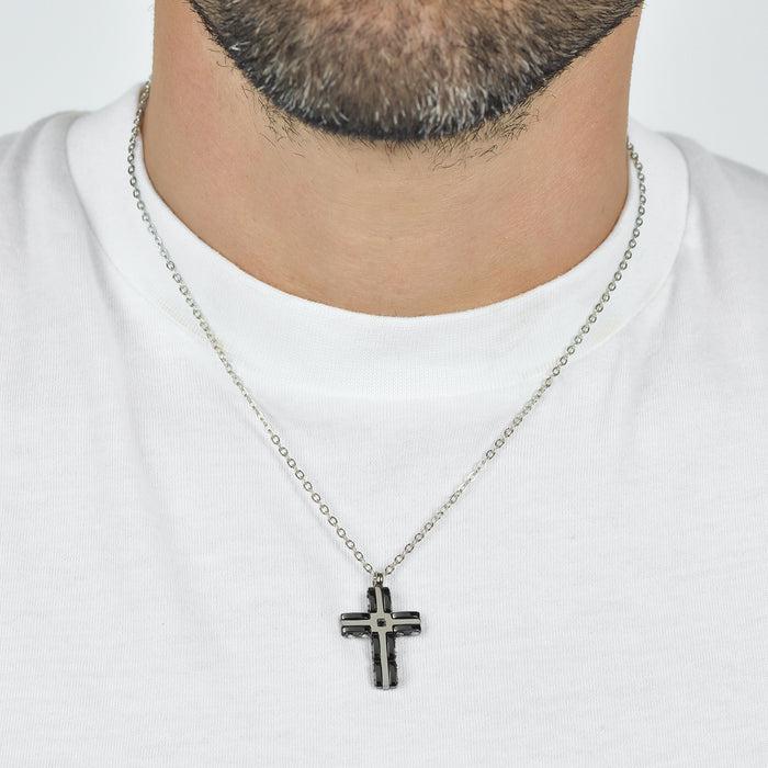 COLLIER HOMME EN ACIER CROIX EN ACIER ET CÉRAMIQUE NOIRE