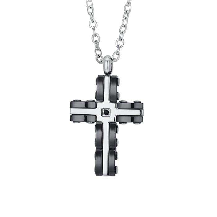 COLLIER HOMME EN ACIER CROIX EN ACIER ET CÉRAMIQUE NOIRE