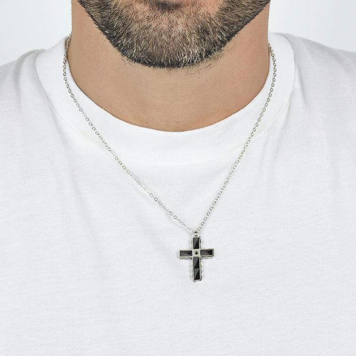 COLLIER HOMME EN ACIER CROIX EN ACIER ET CÉRAMIQUE NOIRE AVEC CRISTAL NOIR