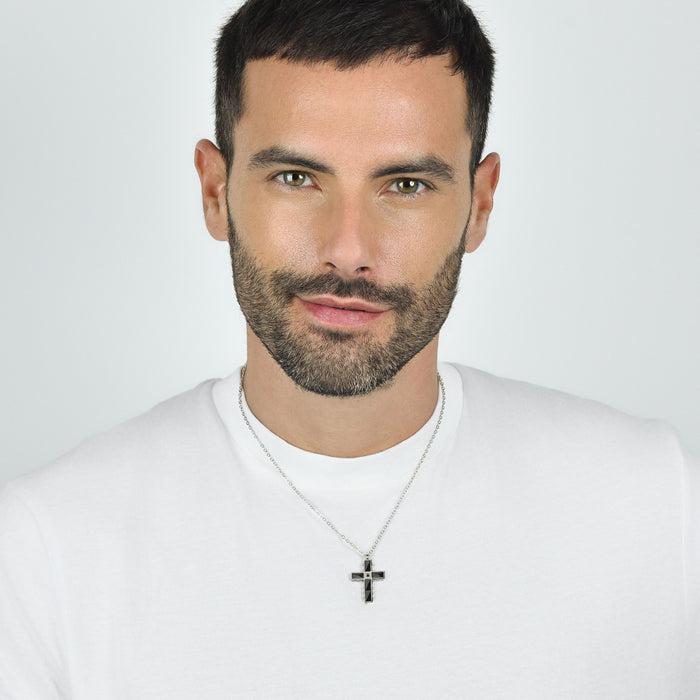COLLIER HOMME EN ACIER CROIX EN ACIER ET CÉRAMIQUE NOIRE AVEC CRISTAL NOIR
