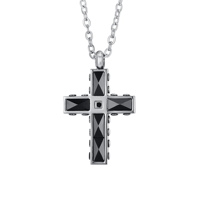 COLLIER HOMME EN ACIER CROIX EN ACIER ET CÉRAMIQUE NOIRE AVEC CRISTAL NOIR