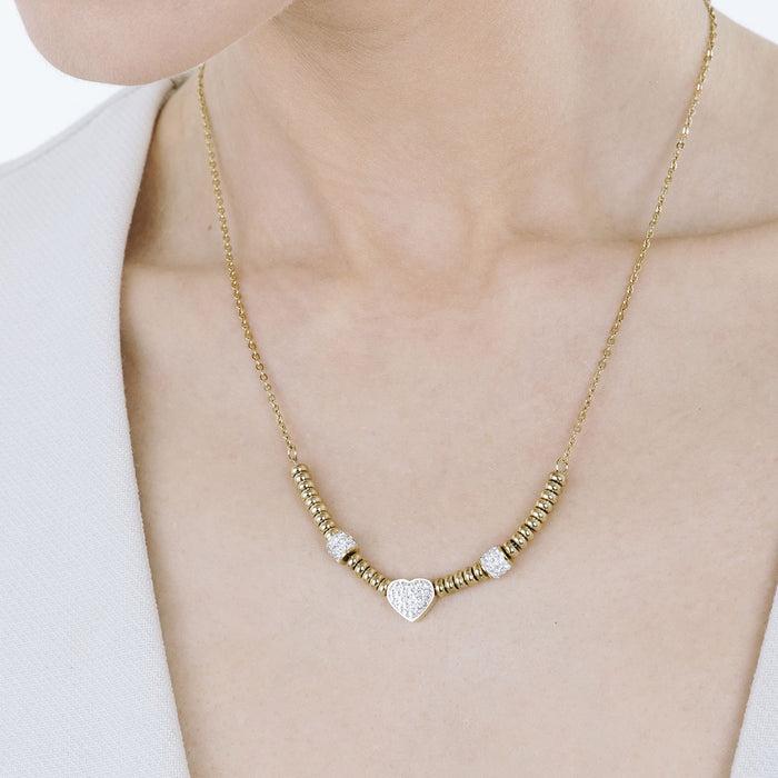 Collier en acier doré IP avec cœur et cristaux blancs