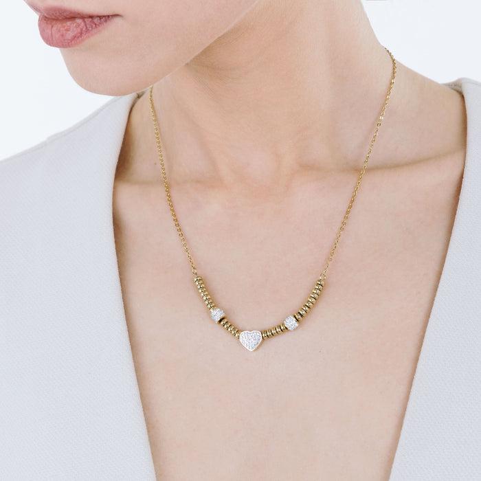 Collier en acier doré IP avec cœur et cristaux blancs