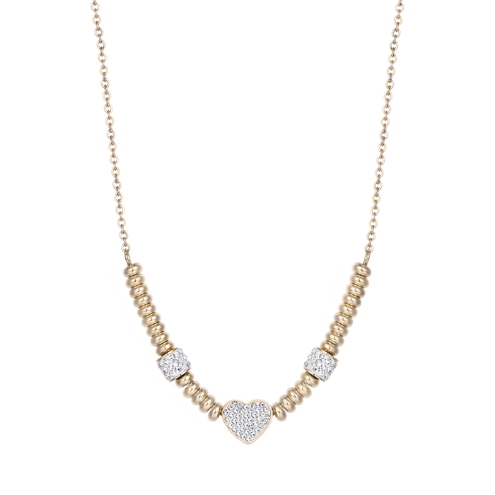 Collier en acier doré IP avec cœur et cristaux blancs