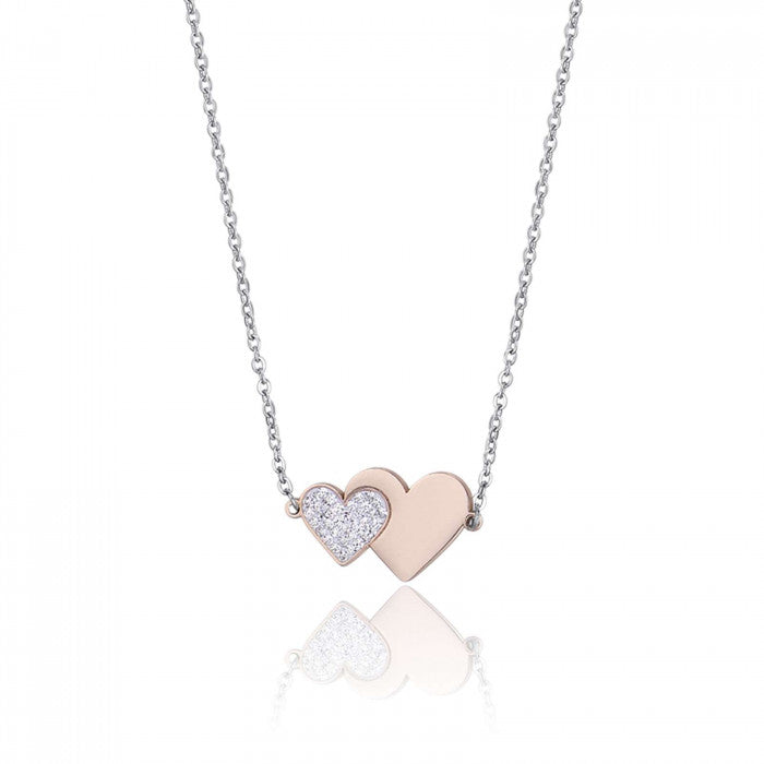 COLLANA IN ACCIAIO CON CUORE IN ACCIAIO IP ROSE E CRISTALLI BIANCHI