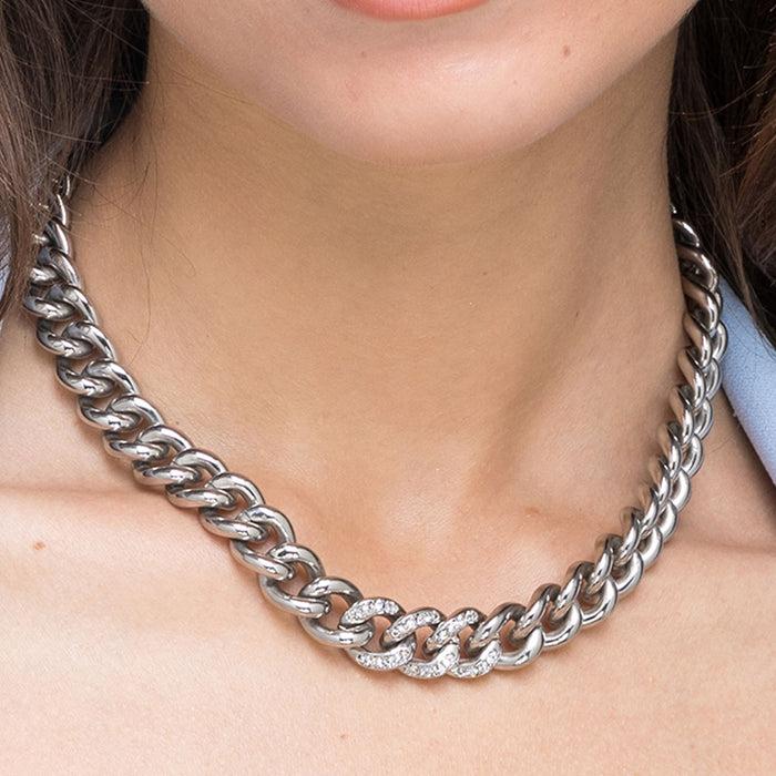Collier en acier pour femme avec maillons et cristaux blancs