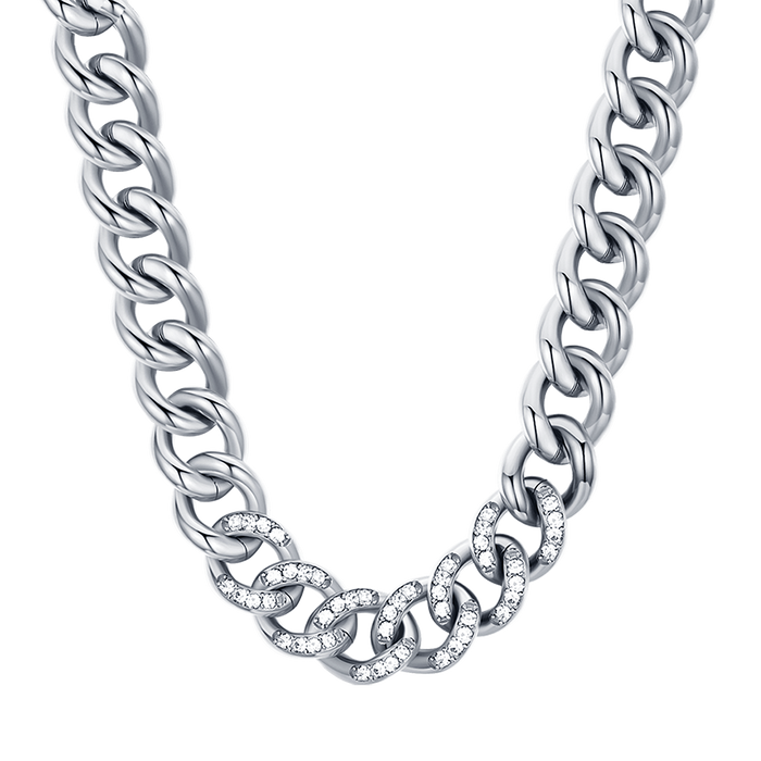 Collier en acier pour femme avec maillons et cristaux blancs
