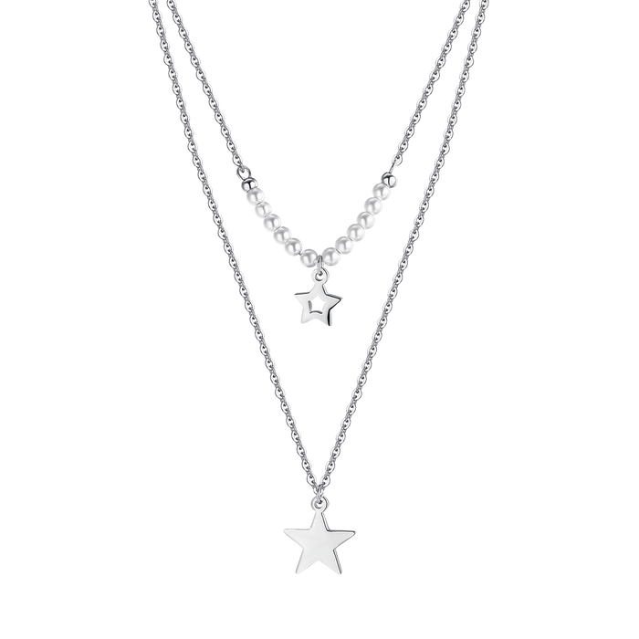 WOMEN'S STEEL NECKLACE WITH STARS AND WHITE PEARLS