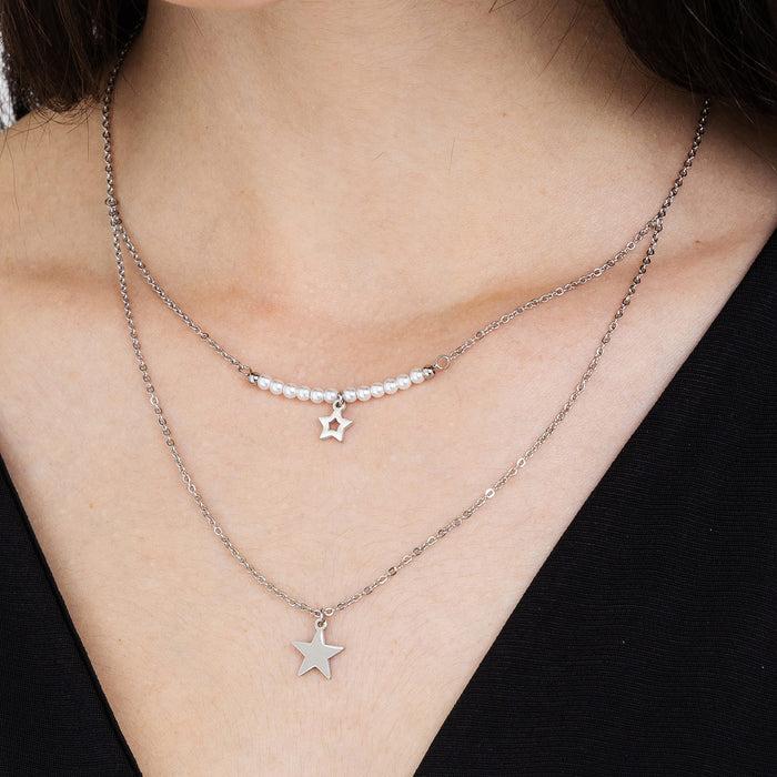 WOMEN'S STEEL NECKLACE WITH STARS AND WHITE PEARLS