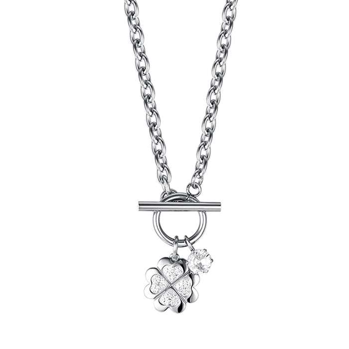 WOMEN'S STEEL NECKLACE WITH FOUR-LEAF CLOVER WITH WHITE CRYSTALS