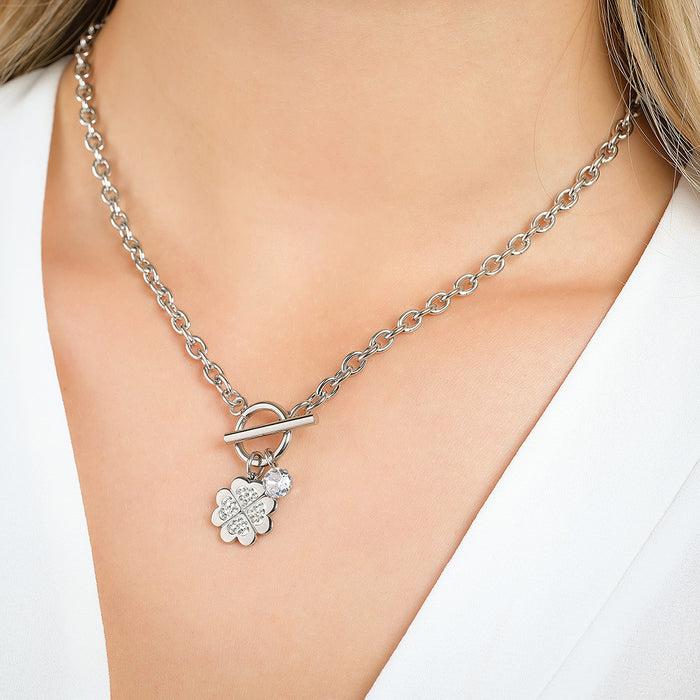 WOMEN'S STEEL NECKLACE WITH FOUR-LEAF CLOVER WITH WHITE CRYSTALS