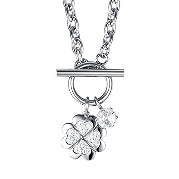 COLLIER FEMME EN ACIER AVEC TRÈFLE À QUATRE FEUILLES ET CRISTAUX BLANCS