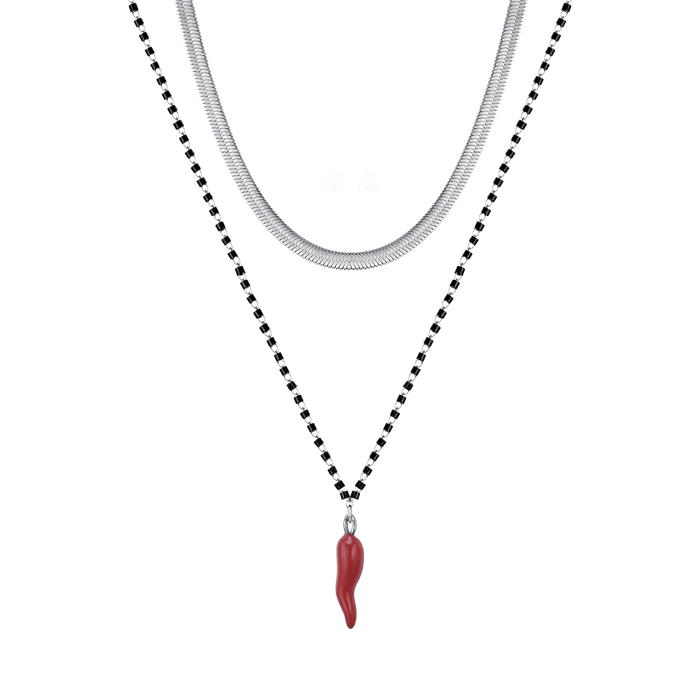 WOMEN'S STEEL NECKLACE WITH HORN WITH RED ENAMEL AND BLACK ELEMENTS