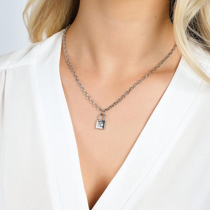 WOMEN'S STEEL NECKLACE WITH WHITE CRYSTAL PADLOCK
