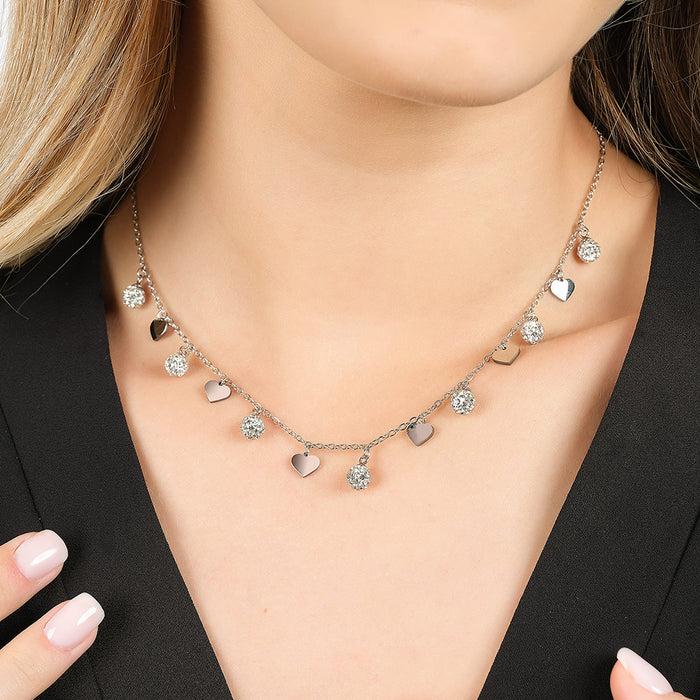 WOMEN'S NECKLACE IN IP GOLD STEEL WITH HEARTS AND WHITE CRYSTALS