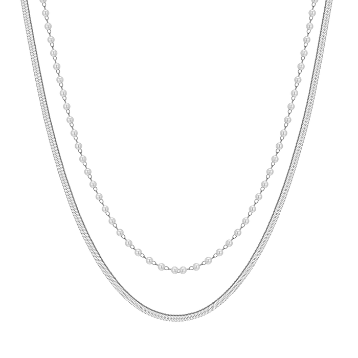 WOMEN'S STEEL NECKLACE WITH WHITE PEARLS