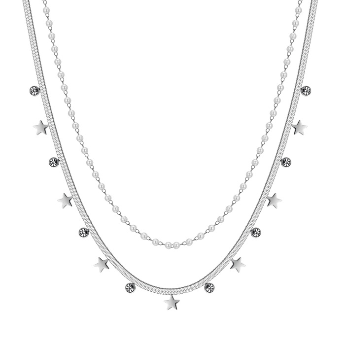 WOMEN'S STEEL NECKLACE WITH WHITE PEARLS, STARS AND CRYSTALS
