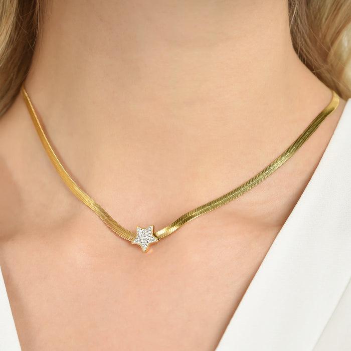 WOMEN'S SNAKE NECKLACE IN IP GOLD STEEL WITH STAR WITH WHITE CRYSTALS