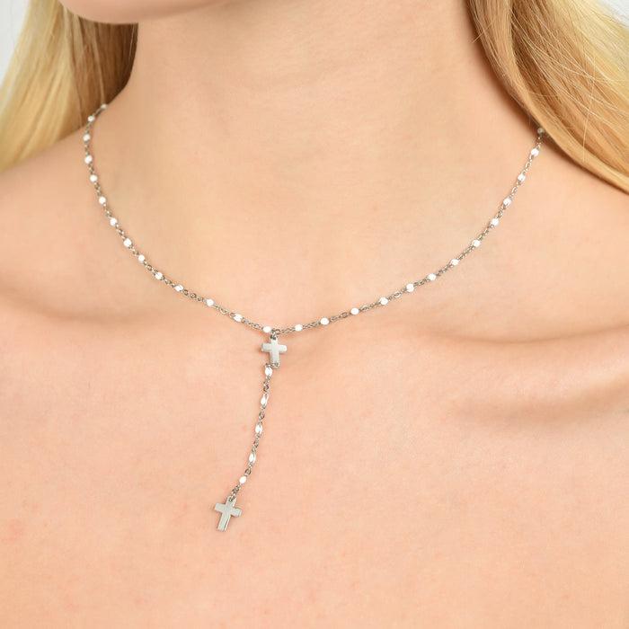 WOMEN'S ROSARY NECKLACE IN STEEL WITH CROSSES AND WHITE ELEMENTS