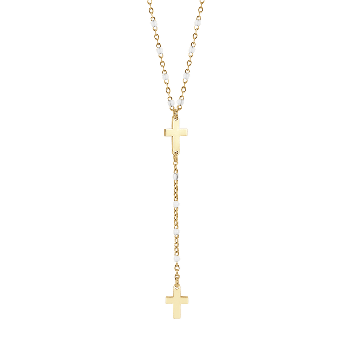 WOMEN'S ROSARY NECKLACE IN IP GOLD STEEL WITH CROSSES AND WHITE ELEMENTS
