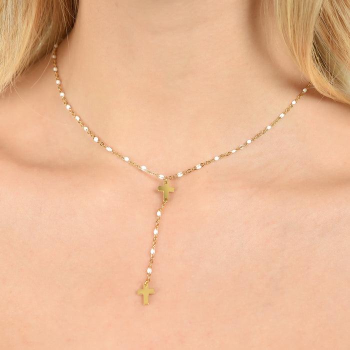 WOMEN'S ROSARY NECKLACE IN IP GOLD STEEL WITH CROSSES AND WHITE ELEMENTS