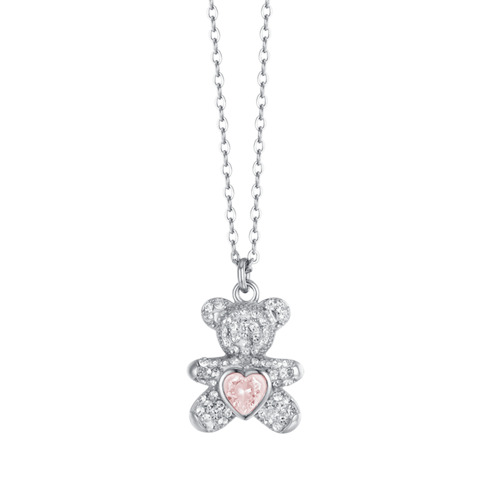 WOMEN'S STEEL NECKLACE WITH TEDDY BEAR WITH PINK AND WHITE CRYSTALS
