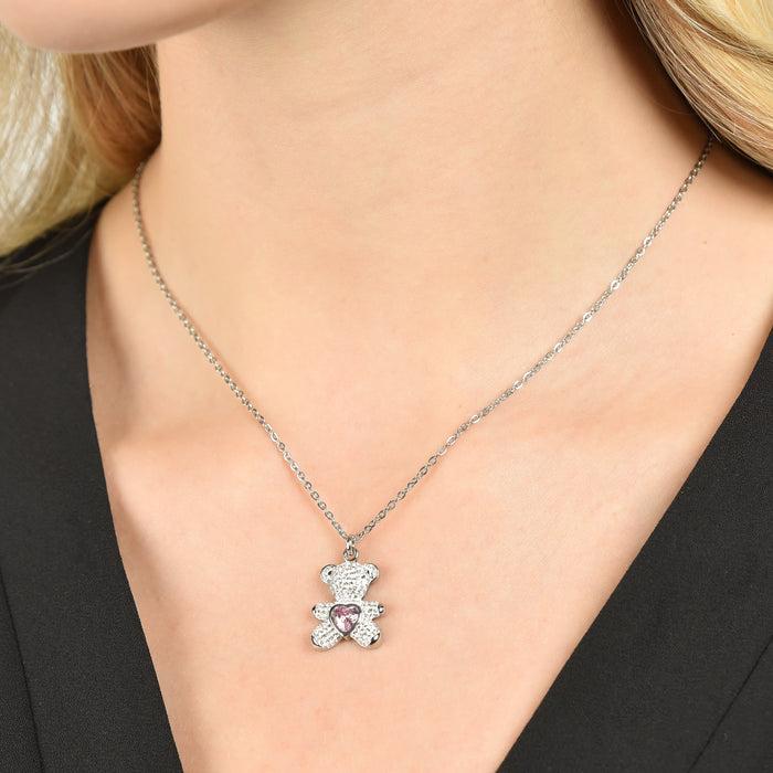 WOMEN'S STEEL NECKLACE WITH TEDDY BEAR WITH PINK AND WHITE CRYSTALS