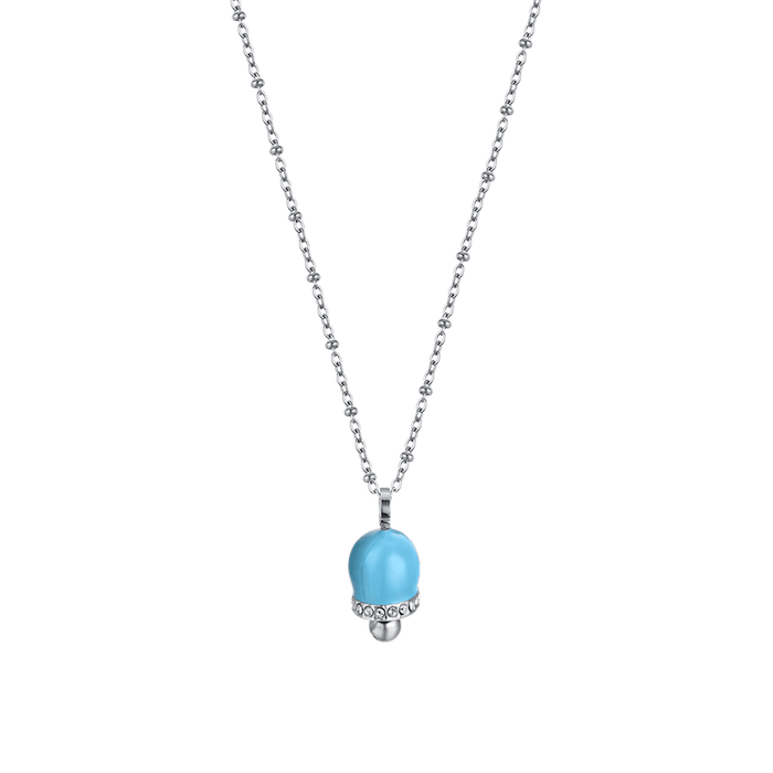 COLLIER FEMME EN ACIER AVEC CLOCHE AVEC ÉMAIL TURQUOISE ET CRISTAUX BLANCS