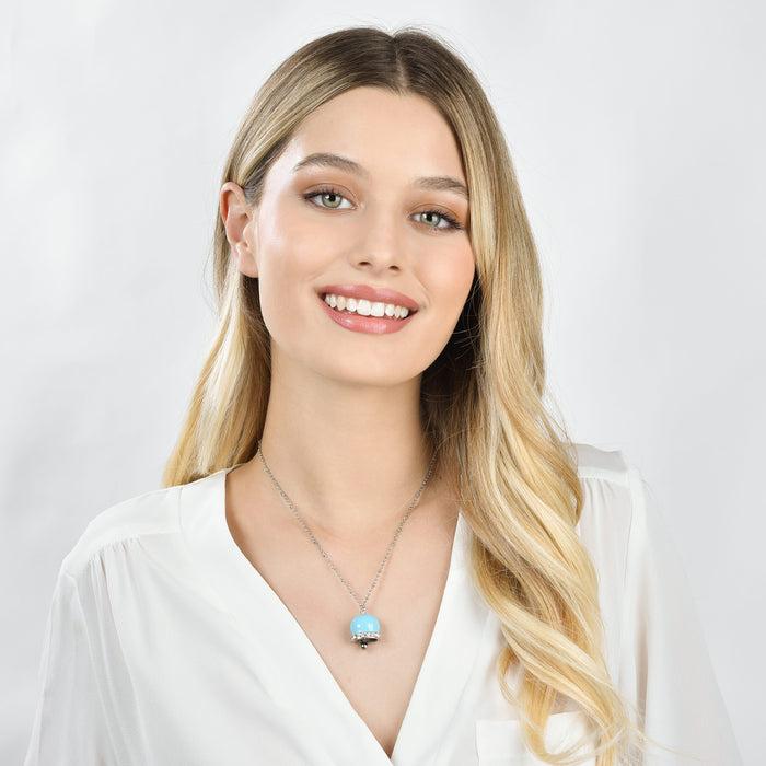 COLLIER FEMME EN ACIER AVEC CLOCHE AVEC ÉMAIL TURQUOISE ET CRISTAUX BLANCS