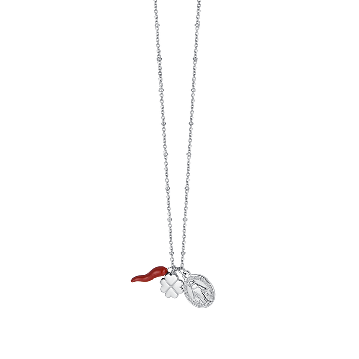 COLLIER EN ACIER POUR FEMME AVEC CHARME TRÈFLE À QUATRE FEUILLES, CORNE ET MADONE