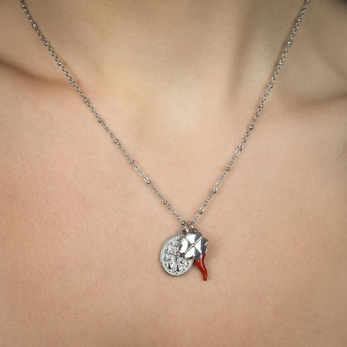 COLLIER EN ACIER POUR FEMME AVEC CHARME TRÈFLE À QUATRE FEUILLES, CORNE ET MADONE