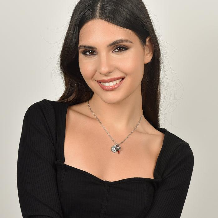 COLLIER EN ACIER POUR FEMME AVEC CHARME TRÈFLE À QUATRE FEUILLES, CORNE ET MADONE