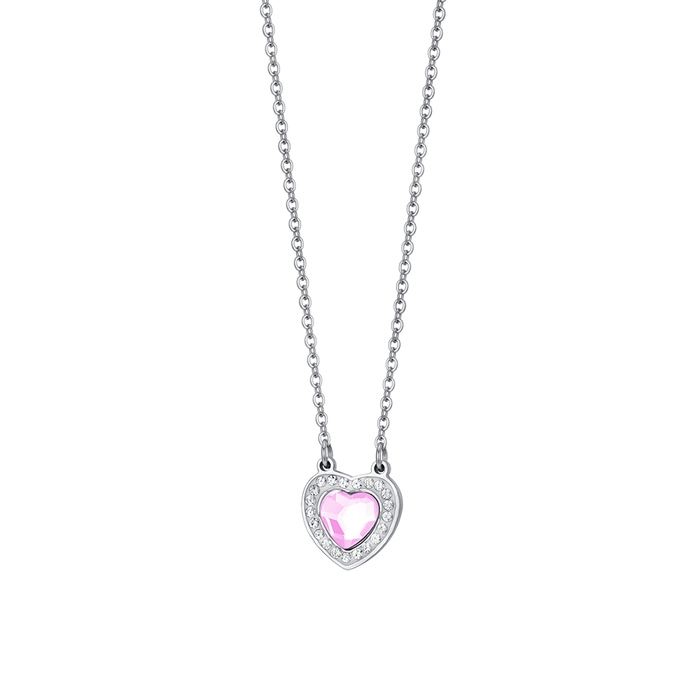 COLLIER FEMME EN ACIER COEUR CRISTAL ROSE ET CRISTAUX BLANCS