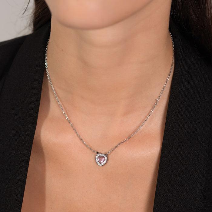 COLLIER FEMME EN ACIER COEUR CRISTAL ROSE ET CRISTAUX BLANCS