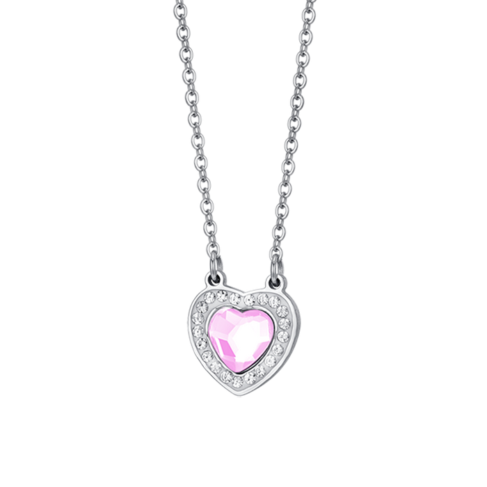 COLLIER FEMME EN ACIER COEUR CRISTAL ROSE ET CRISTAUX BLANCS