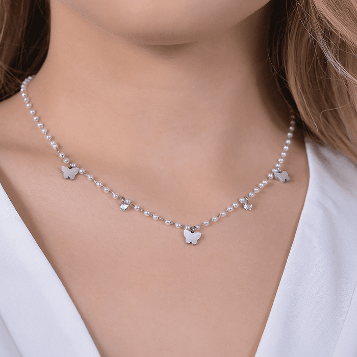 COLLIER FEMME EN ACIER AVEC PERLES ET PAPILLONS